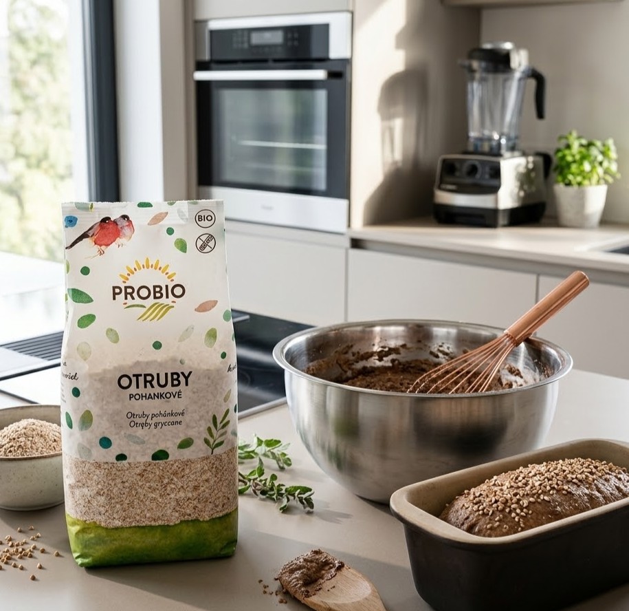 PROBIO Organic Gluten-Free Buckwheat Bran packaging on a kitchen counter with homemade bread and baking ingredients.